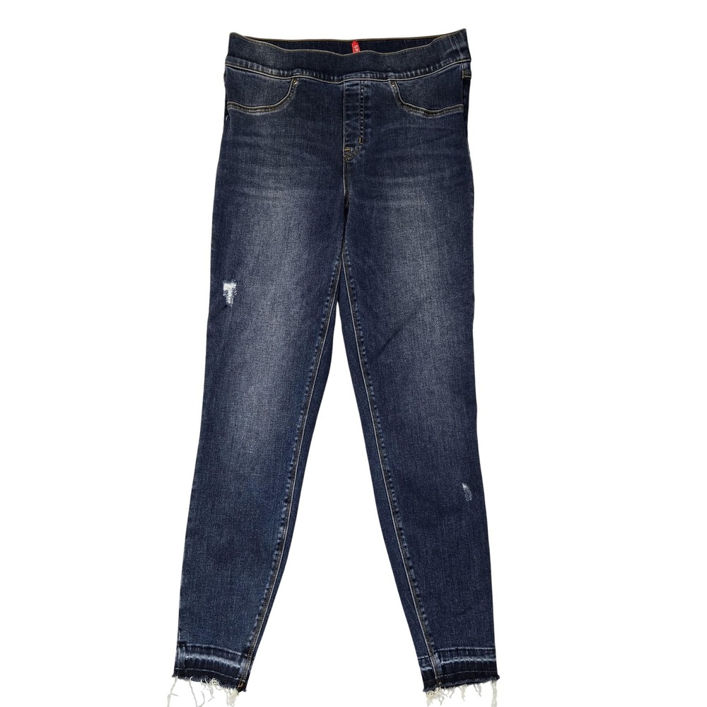 Spanx Jeans Womens Medium Blue Skinny Stretch Distressed Raw Hem Jeggings